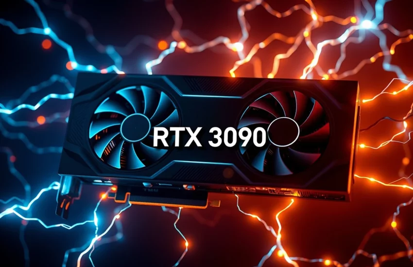 Eine RTX 3090 Grafikkarte umgeben von leuchtenden, farbigen Linien, die Energie oder Datenströme symbolisieren, mit dem Text 'RTX 3090'