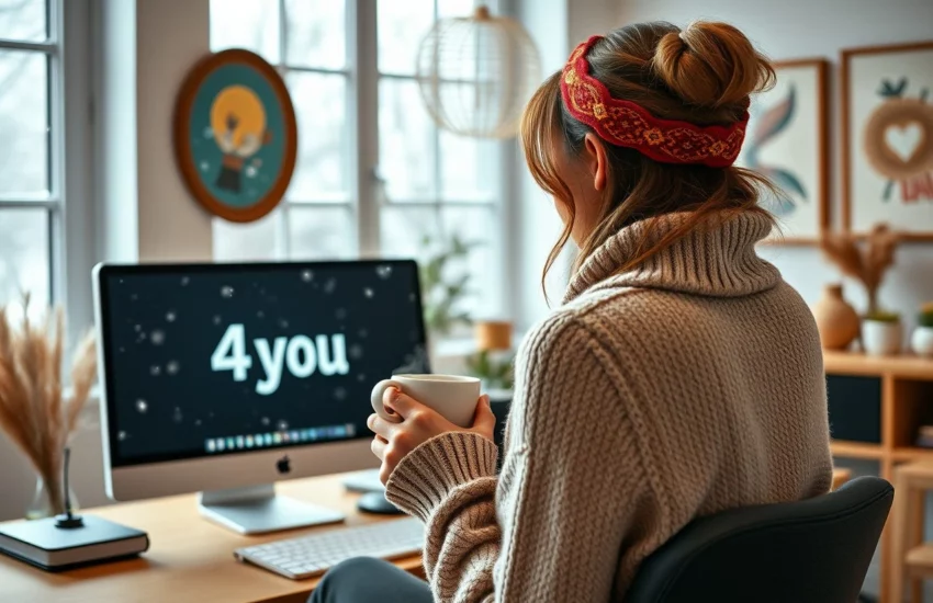 Eine Frau sitzt in einem Büro mit Kaffee in der Hand und schaut auf einem Bildschirm mit dem Text "4you"