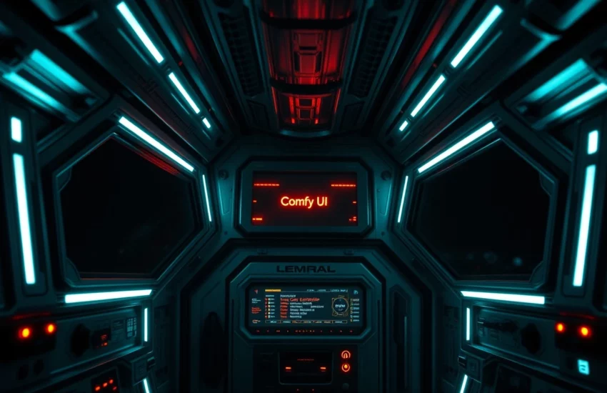 Futuristische Benutzeroberfläche in einem Raumschiff-Cockpit mit dem Text 'Comfy UI' auf einem zentralen Bildschirm, umgeben von leuchtenden blauen und roten Lichtern.