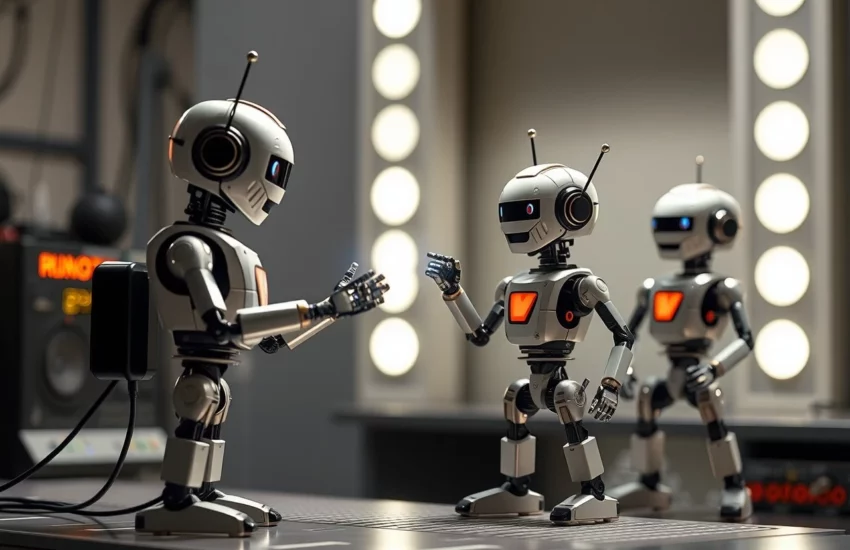 Drei kleine, futuristische Roboter stehen auf einem Tisch, während zwei von ihnen miteinander interagieren, in einem Raum mit Beleuchtung im Hintergrund.
