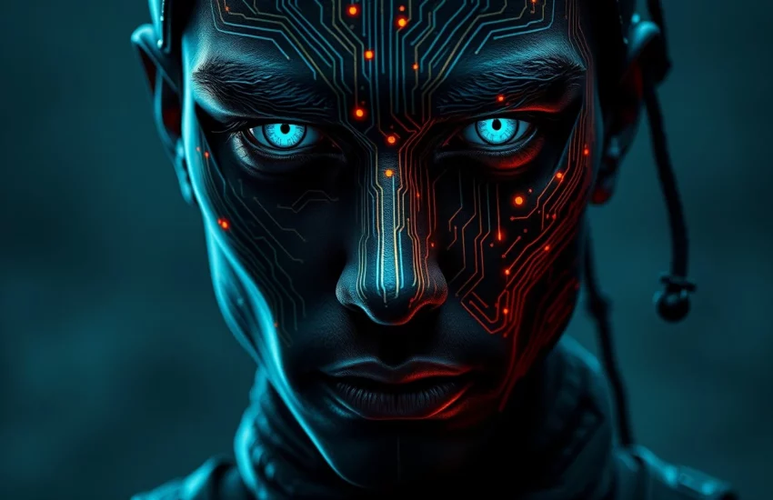 Eine Person mit einer leuchtenden, cyberpunk-inspirierten Maske und leuchtend orangefarbenen Augen, die unter einer Kapuze hervorschauen.
