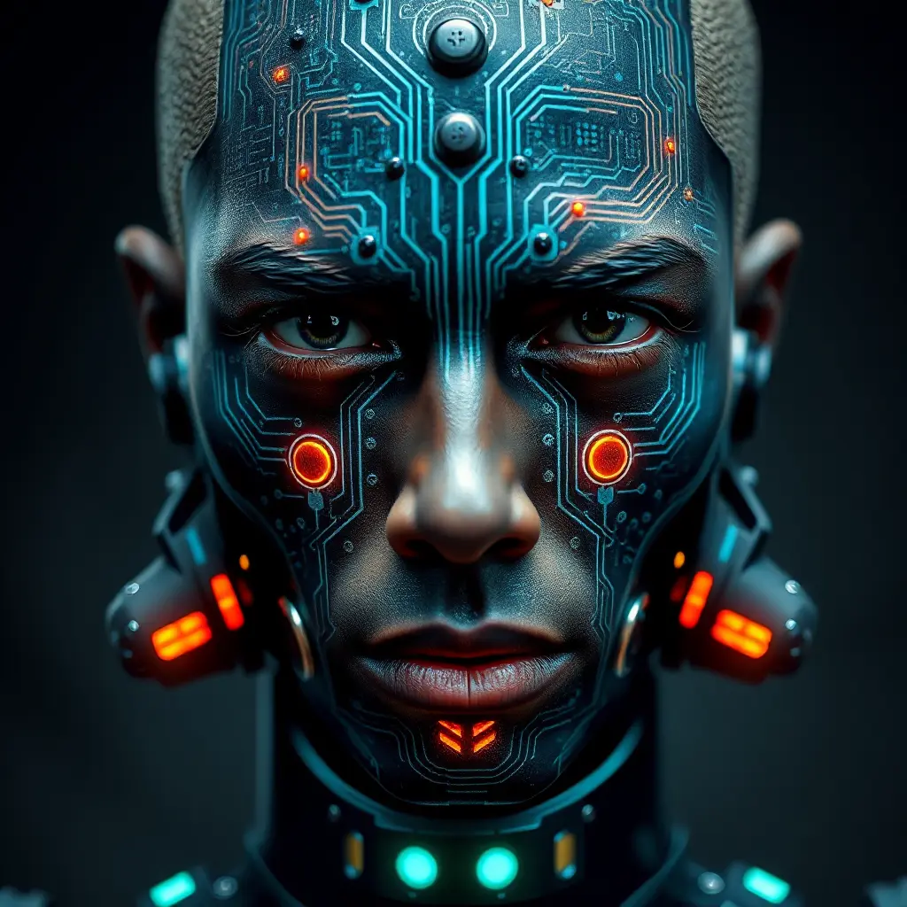 Eine Person mit einer leuchtenden, cyberpunk-inspirierten Maske und leuchtend orangefarbenen Augen, die unter einer Kapuze hervorschauen.