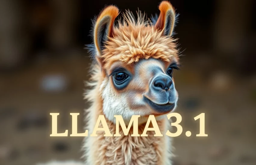 Nahaufnahme eines niedlichen Lamas mit dem Text 'LLAMA3.1' über dem Bild.