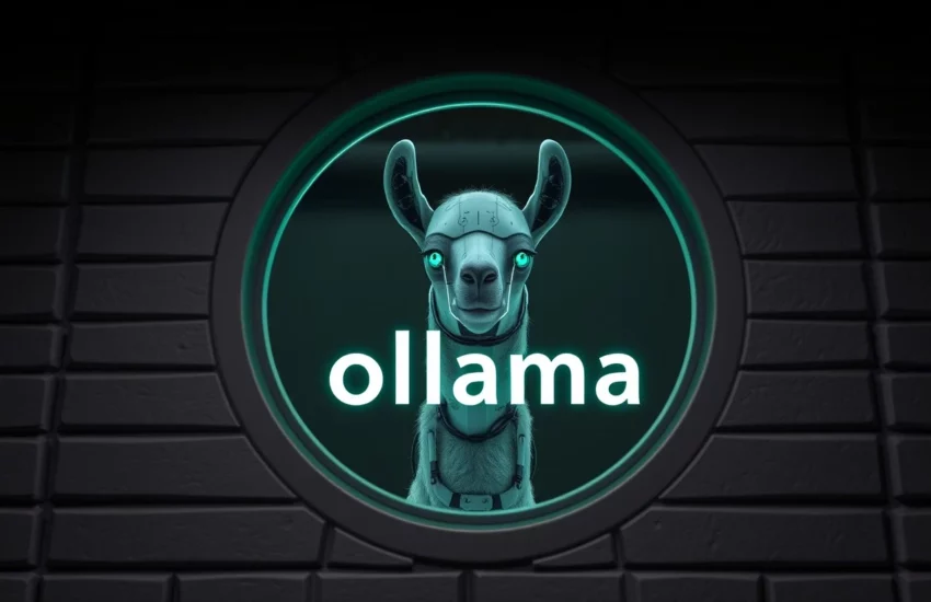 Futuristisches Logo mit einem digital gestalteten Lama und dem Text 'ollama' in einem beleuchteten Kreis vor einem dunklen Hintergrund.