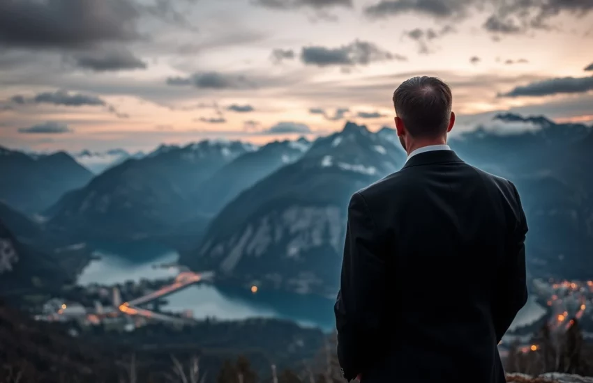 Ein Mann im Anzug blickt bei Sonnenuntergang auf eine malerische Berglandschaft mit einem Tal und einem Fluss in der Schweiz.