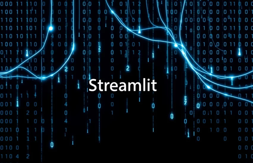 Blau leuchtende Binärzahlen und digitale Linien auf schwarzem Hintergrund mit dem Text 'Streamlit' in der Mitte
