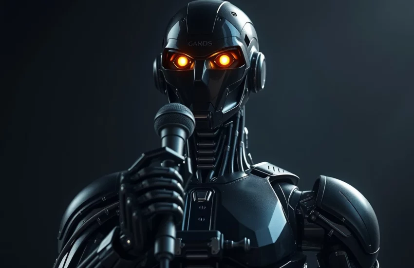 Nahaufnahme eines schwarzen Roboter mit leuchten grünen Augen mit einem Mikrofon in der Hand.