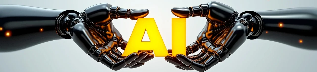 Zwei schwarze Roboter Hände halten in der Mitte des Bildes ein Text in Gelb mit "AI"