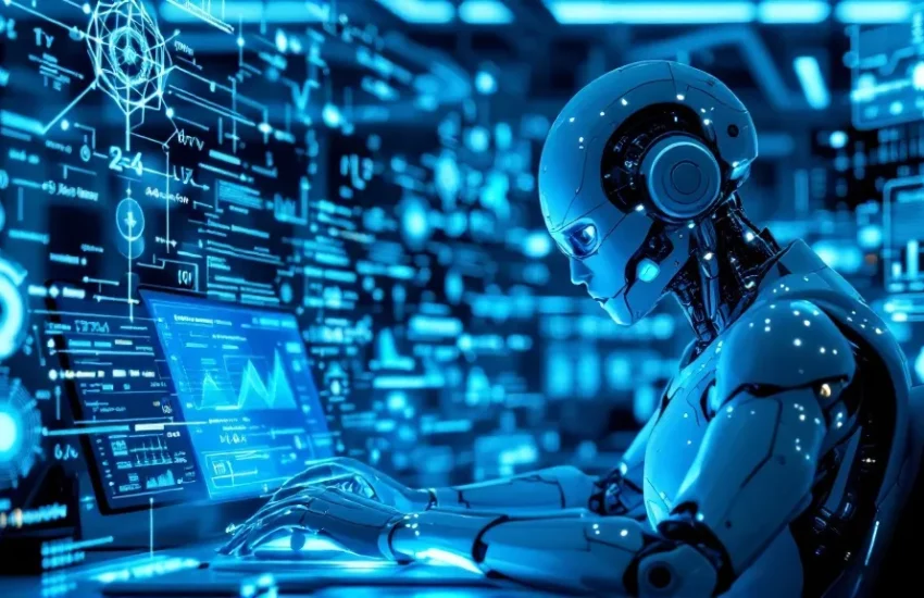 Roboter sitz vor eine Computer