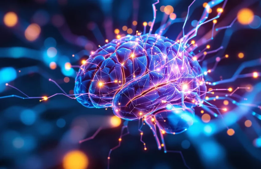 Ein digitales, leuchtendes Gehirn, das mit einem Netzwerk aus funkelnden, neuronalen Verbindungen dargestellt wird, auf einem dunklen, futuristischen Hintergrund.